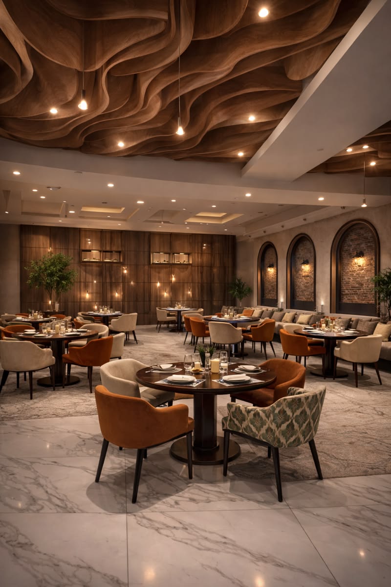Modern Bistro Lounge with Designer Bar Counter & Brass Pendant Arrays #38